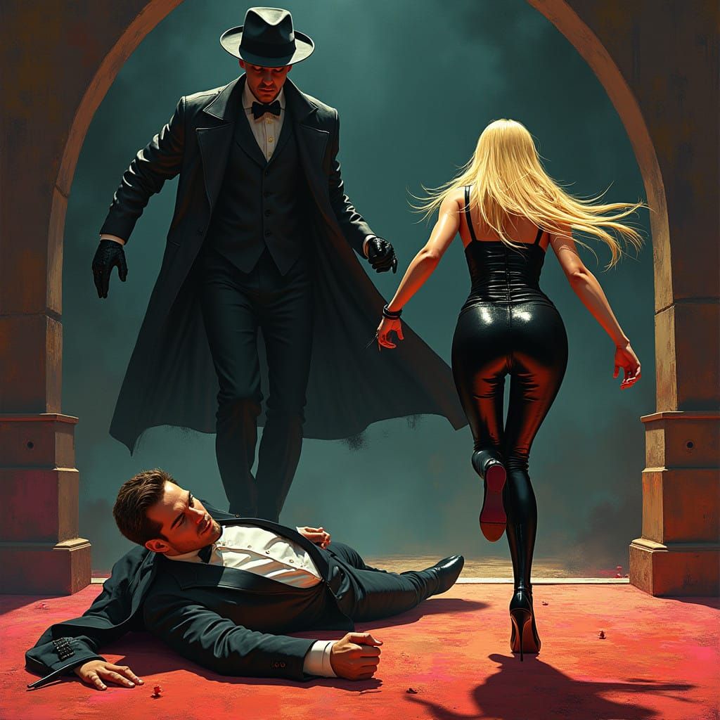 Dark Film Noir Killer in Psychedelic Landscape