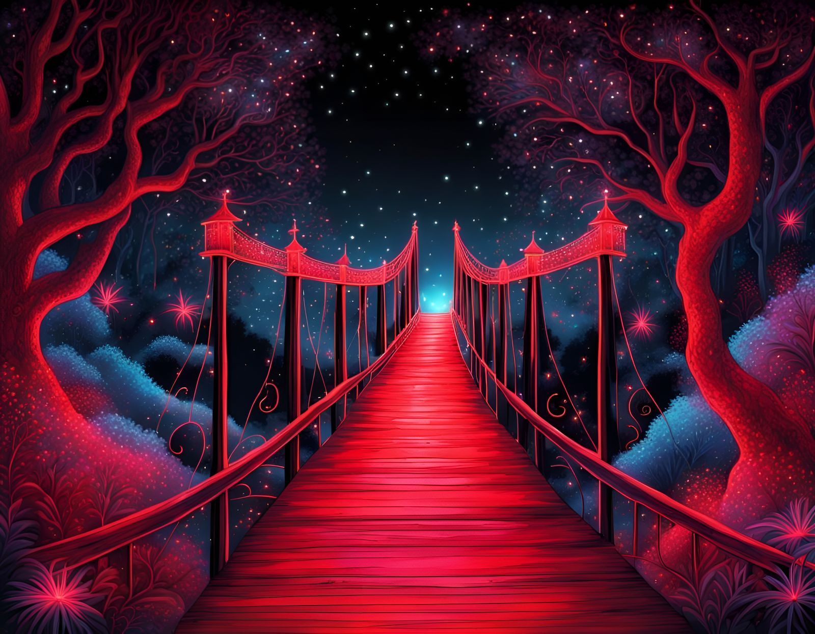 bridge, path through Whimsical Red Fantasy enchanted forest, hyperdetailed illustration, black black night sky, bright b...