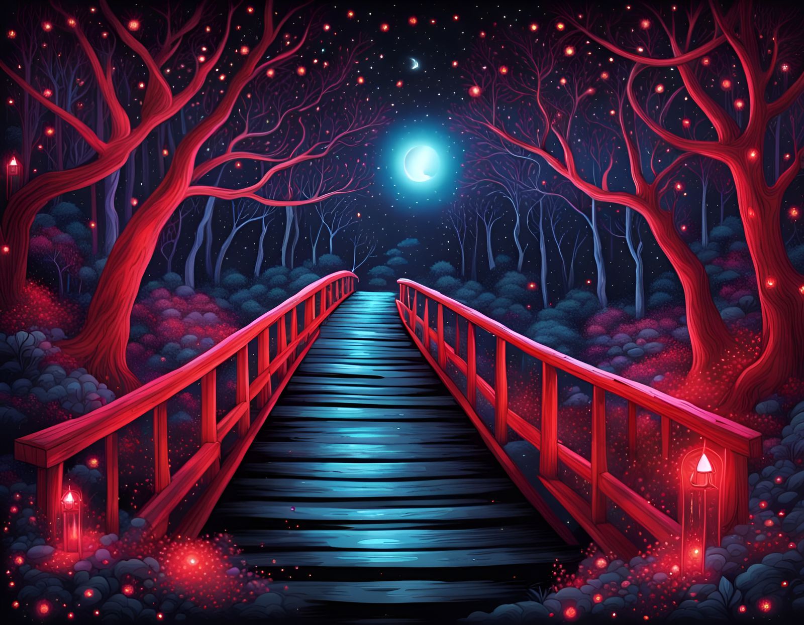 bridge, path through Whimsical Red Fantasy enchanted forest, hyperdetailed illustration, black black night sky, bright b...