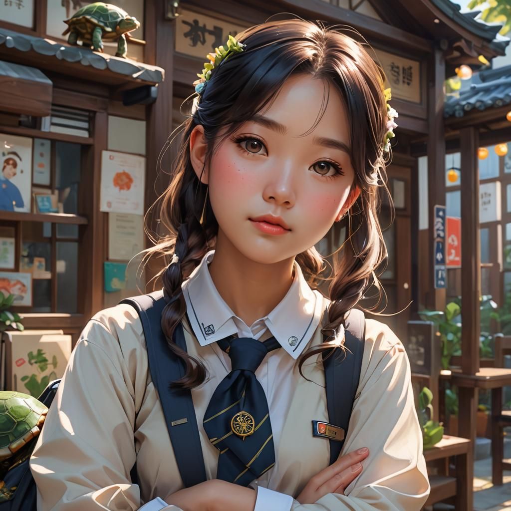 Korean Girl with Turtle: Hyperdetailed Digital Portrait