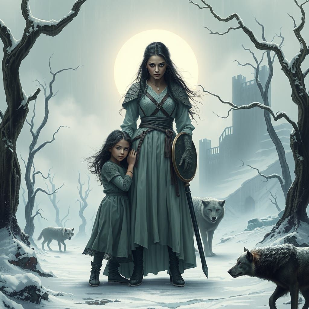 Woman Warrior Protecting Child in Winter Landscape