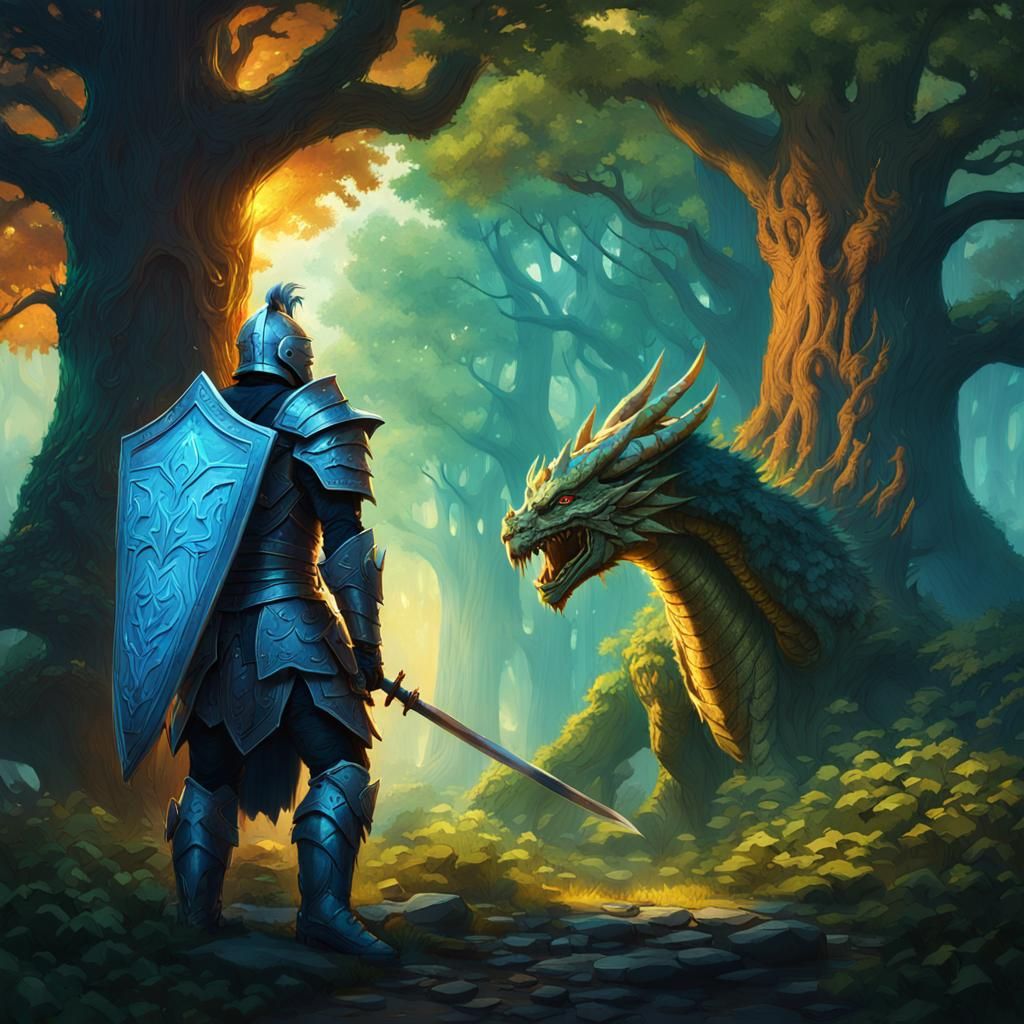 Dragon Warrior in Mystical Forest Concept Art