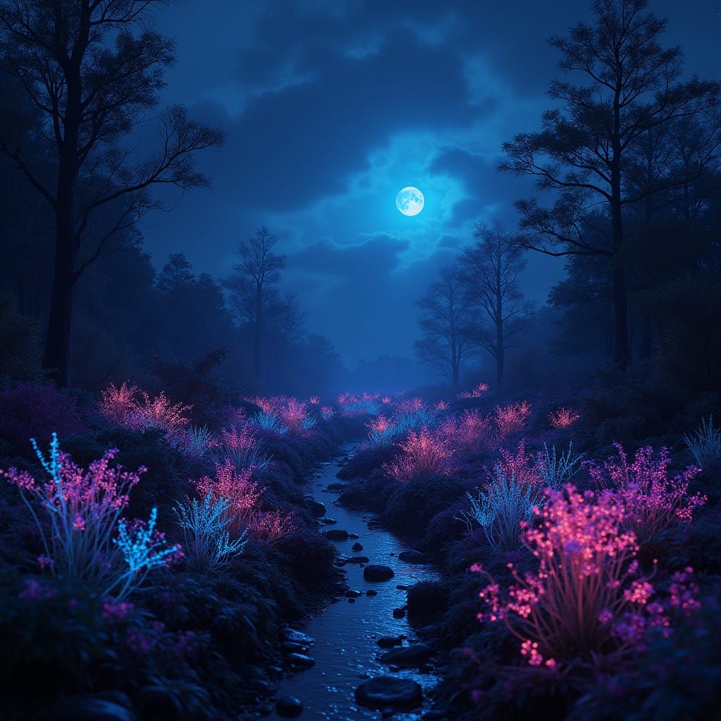 Surreal Alien Landscape with Neon Bioluminescent Plants at N...