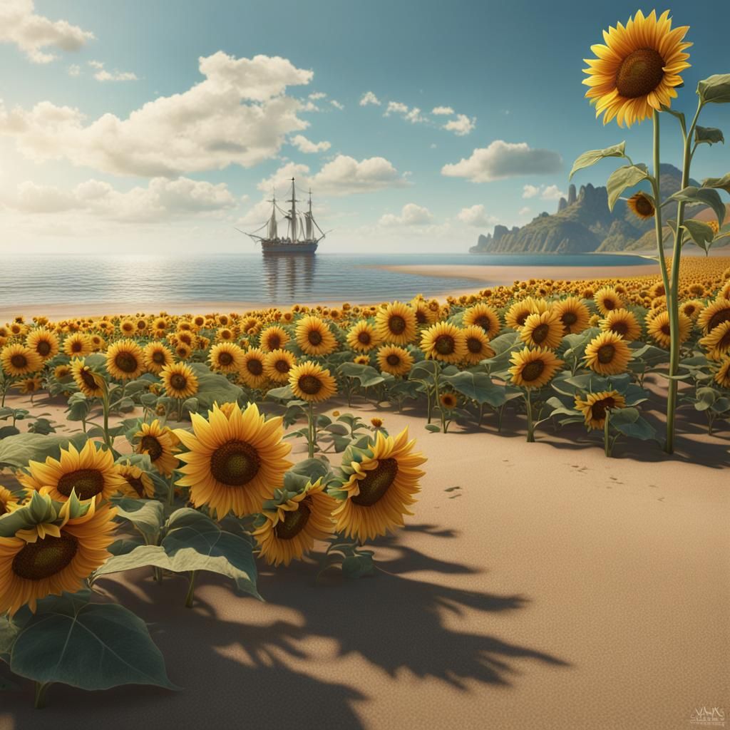 Sunflowers on a Beach: Detailed Matte Painting