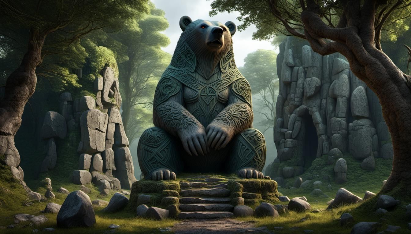 Celtic Bear Statue in Deep Forest