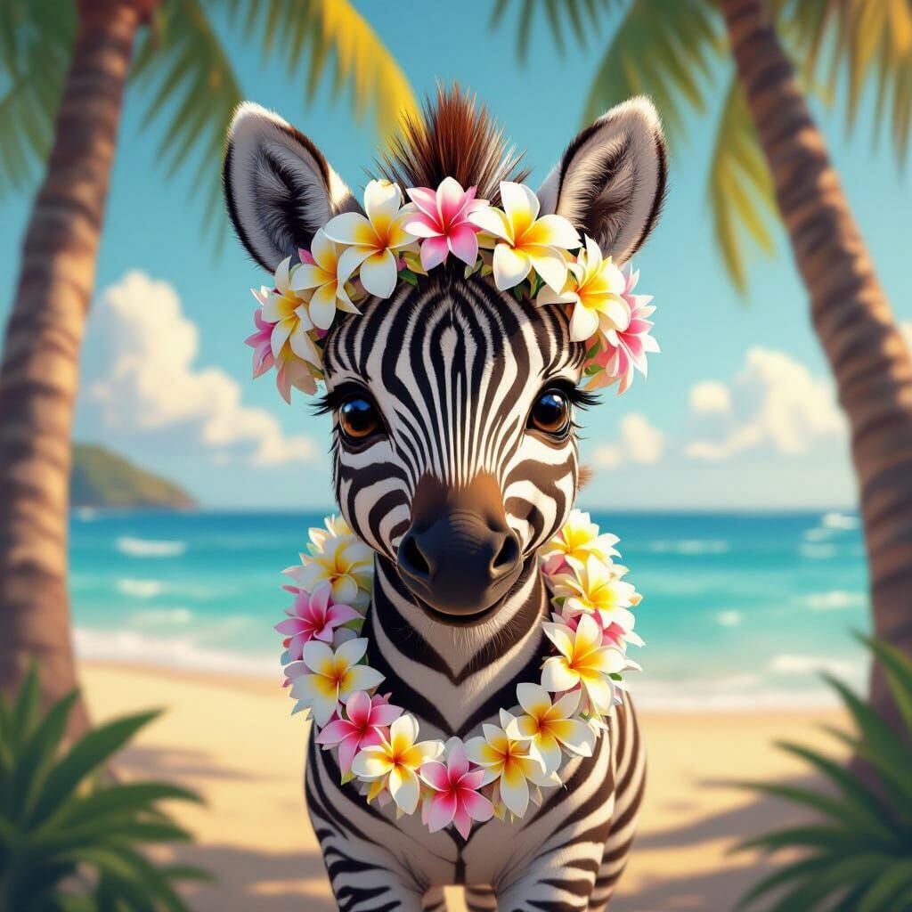 Baby Zebra Portrait on Hawaiian Beach in Concept Art Style