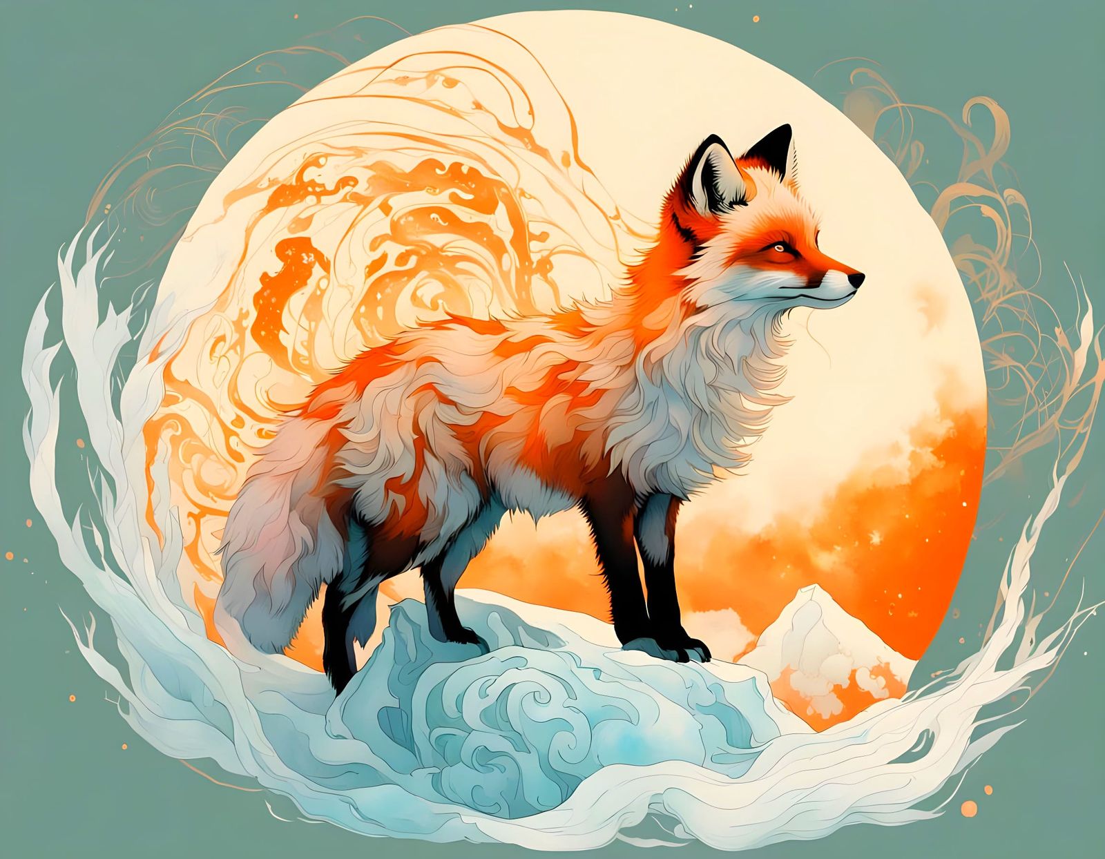 Arctic Fox in Dreamlike Landscape with Orange Moon