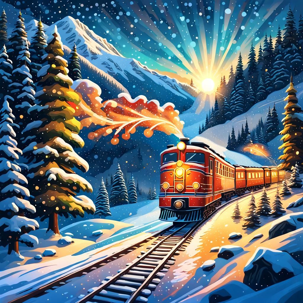 Festive Christmas Train Through Snowy Mountains