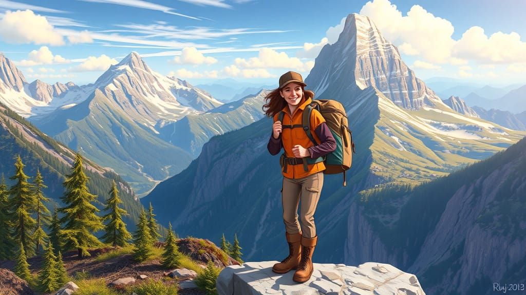 Romantic Mountain Expedition in Disney-Style Illustration
