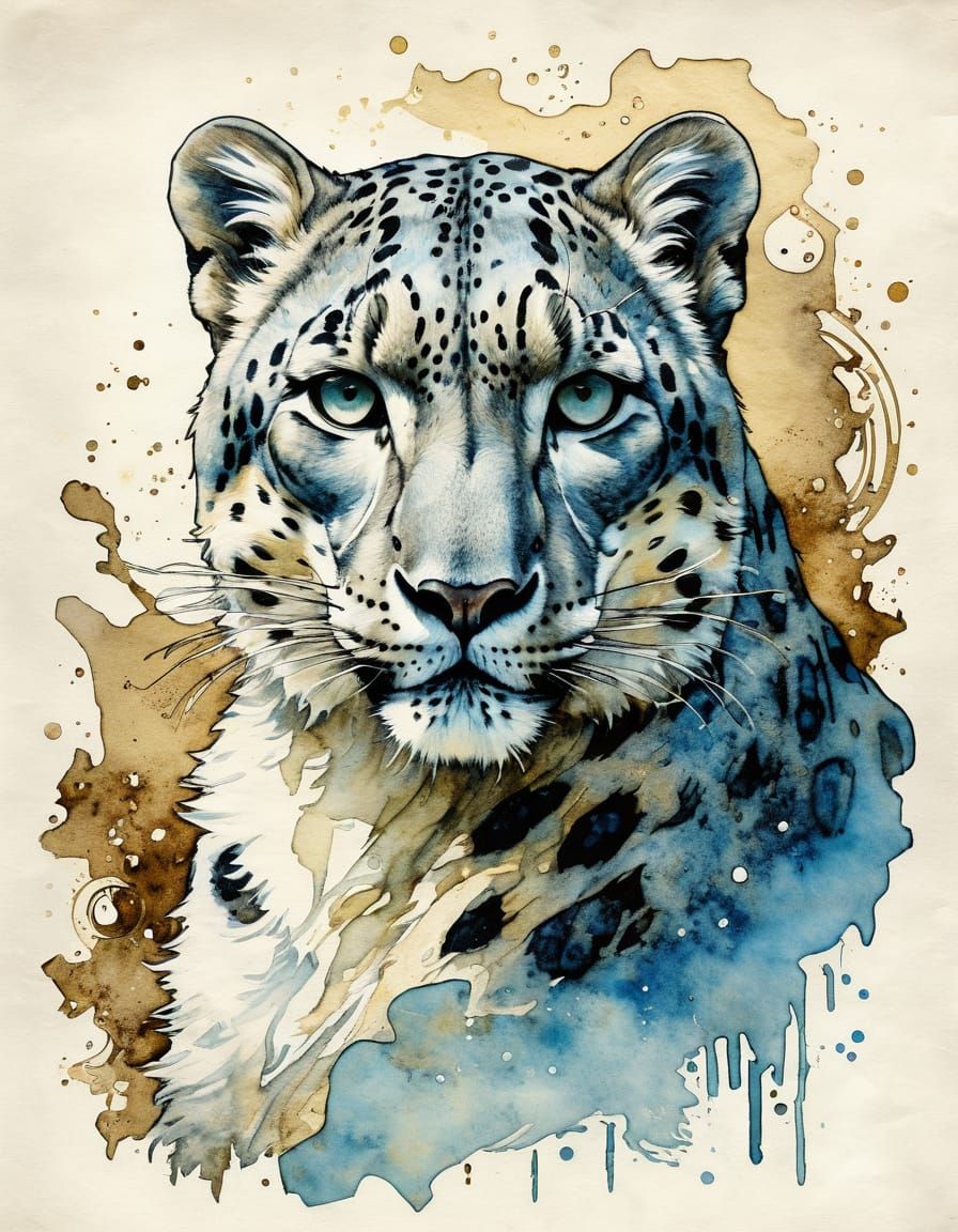 Modern European Snow Leopard Painting in Steampunk Style wit...