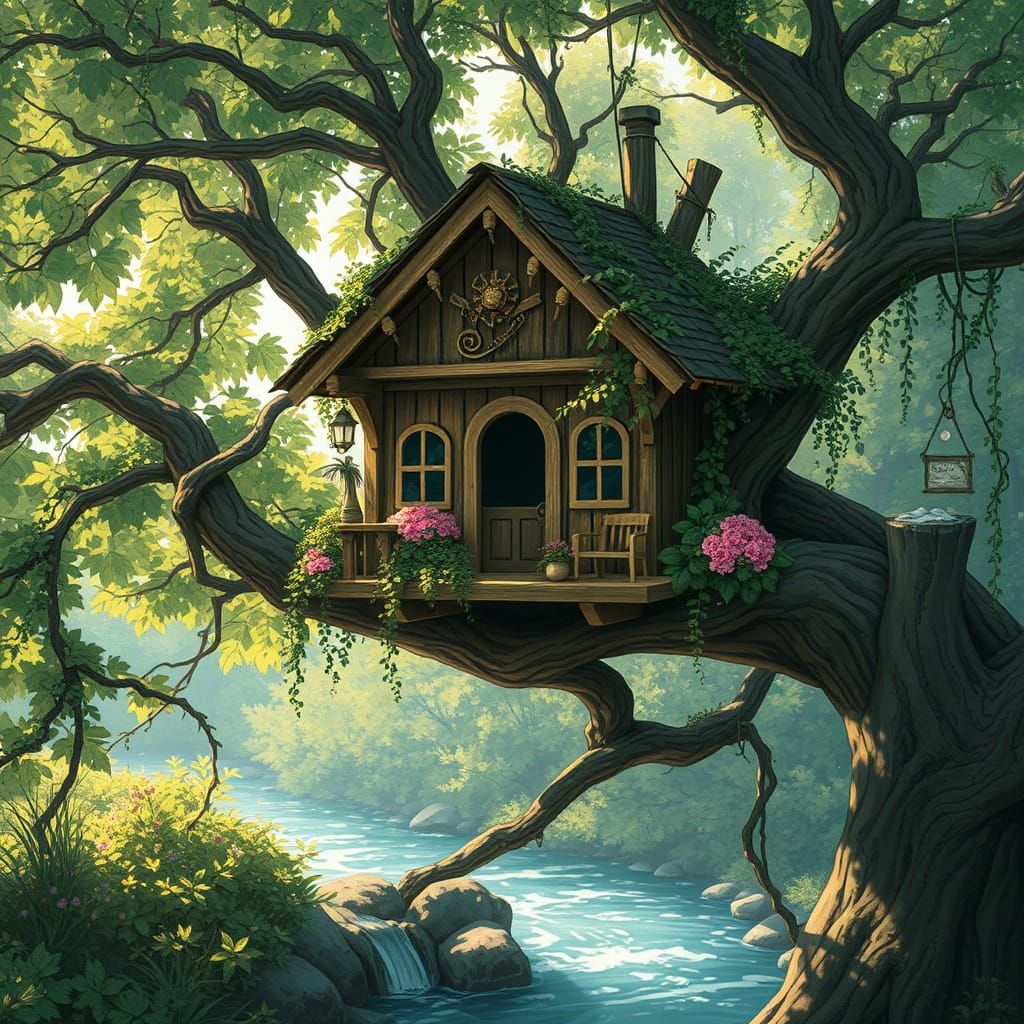 Whimsical Treehouse Enchanted with Ancient Symbols and Mythi...