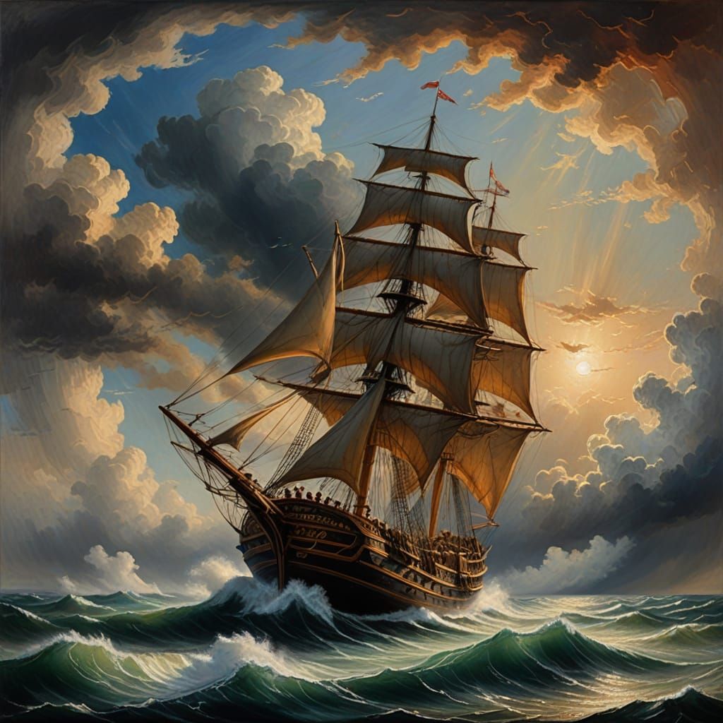 Majestic 19th-Century Sailor's Vessel in Turbulent Seas