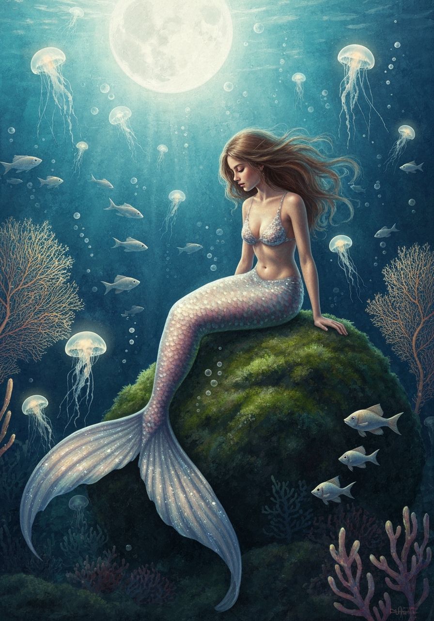 Luminous Mermaid Among Bioluminescent Sea Life