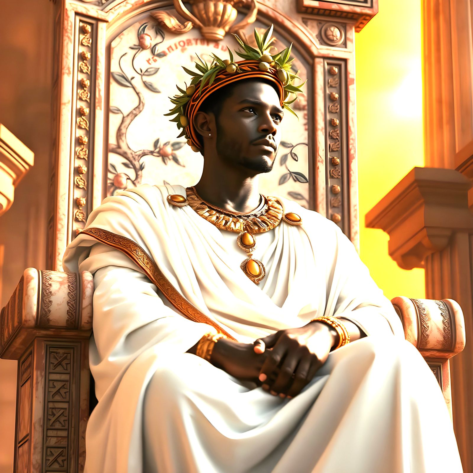 Ancient Fantasy Ruler in Greek Attire with Olive Leaves