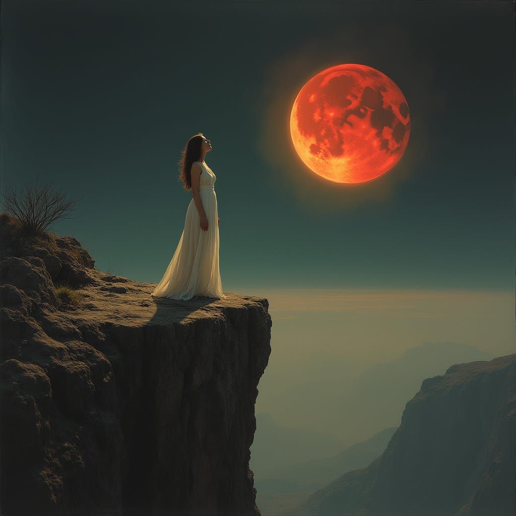 Woman Under Blood Moon Eclipse in Surrealist Landscape