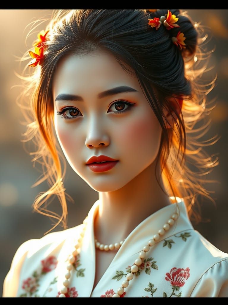 Serene Asian Woman Portrait with Floral Adornments