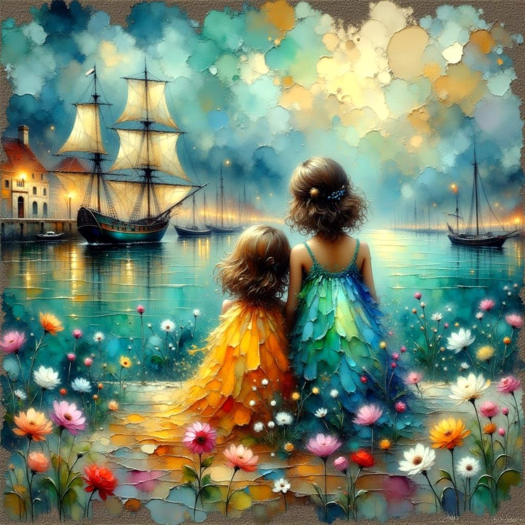 Sweet Siblings by Harbor in Stormy Impressionistic Style