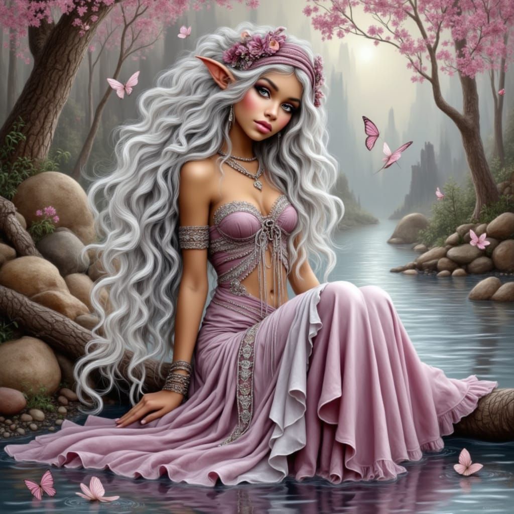 Elegant Elven Woman in Bohemian Gown by River