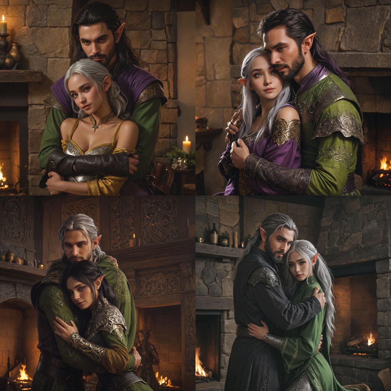 Fantasy Elves Embrace in Detailed Dark Fantasy Art