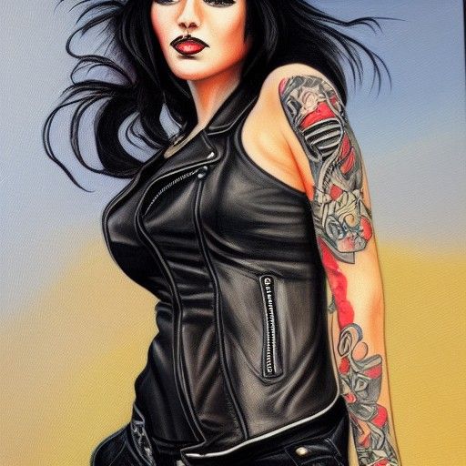 Biker Chick on Harley in Oil Painting Style