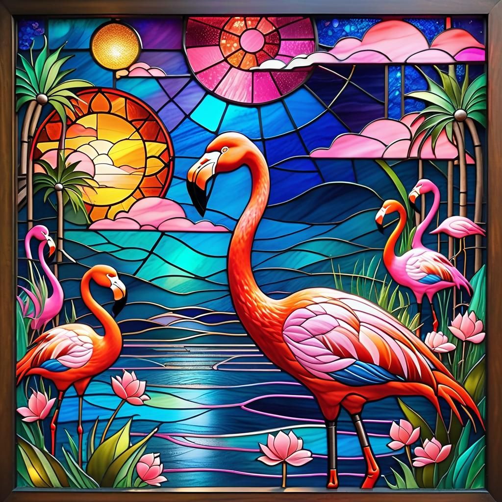 Surreal Pink Flamingos in Stained Glass Chalk Art