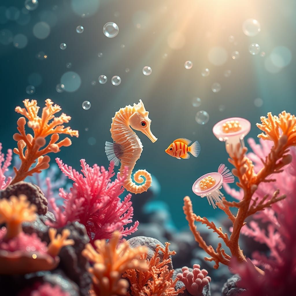 Luminous Magical Coral Reef with Baby Seahorse
