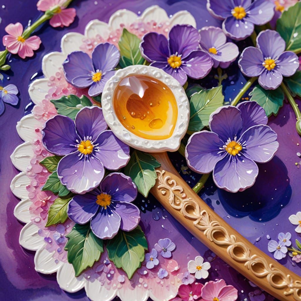 Embossed Love Spoon Gouache Painting in Impressionist Style