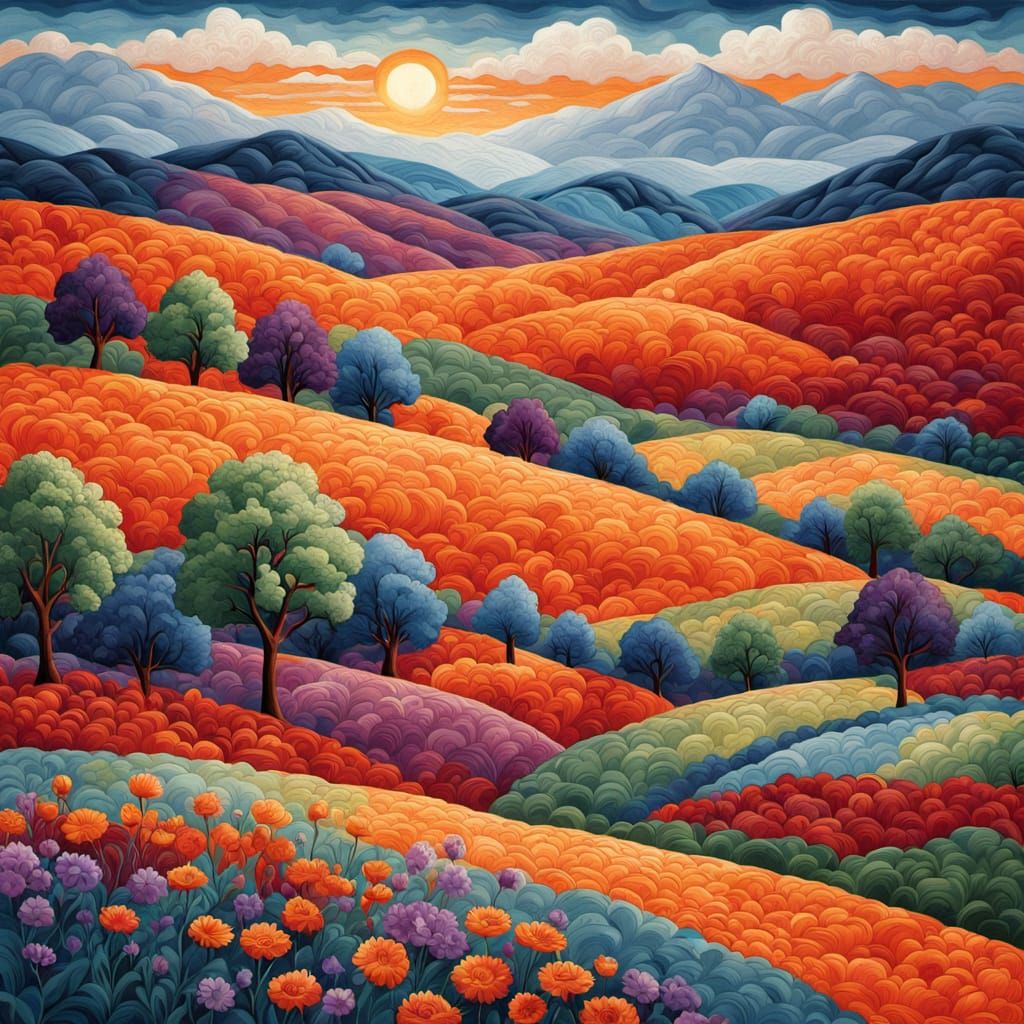 Patchwork landscape with trees and rolling hills