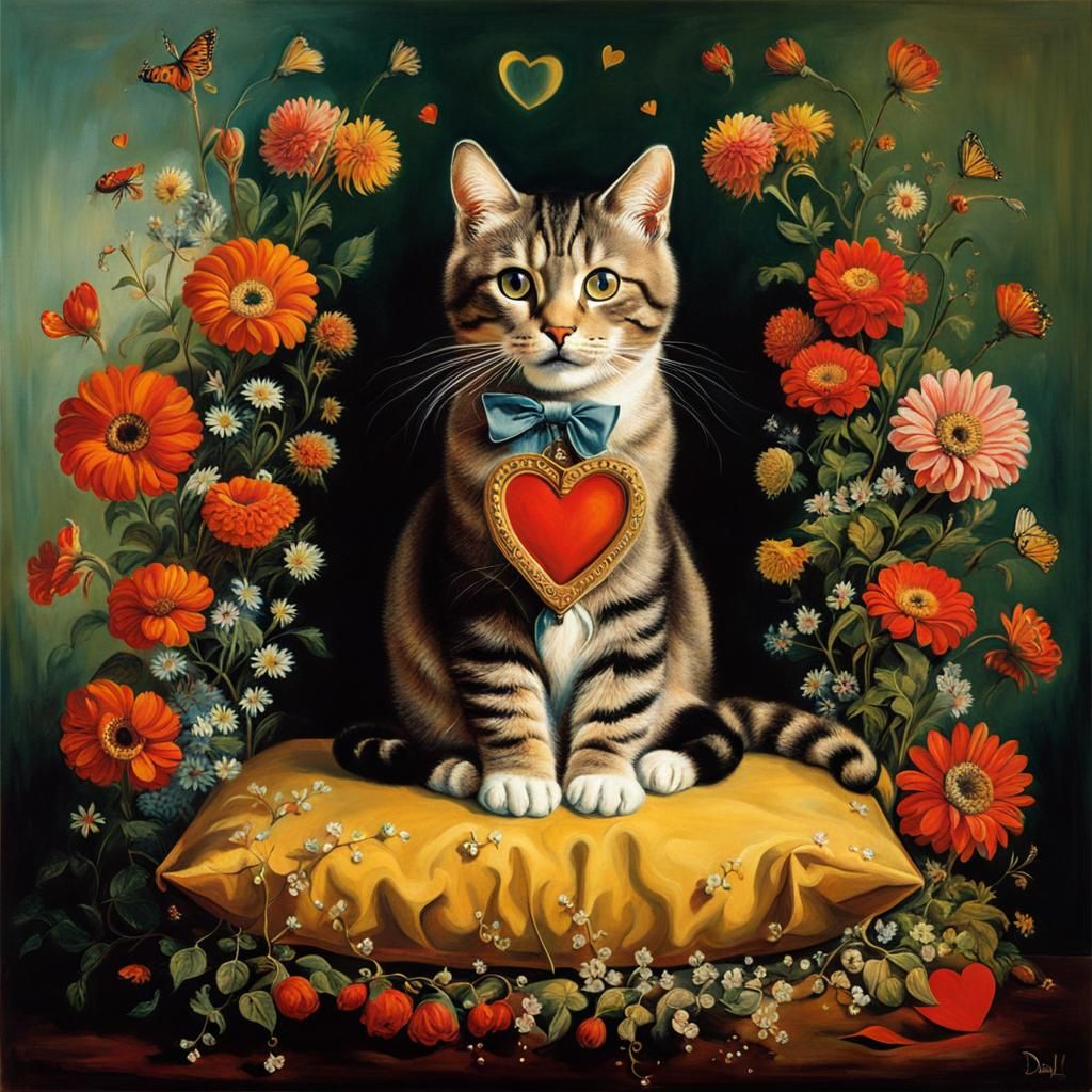 Cute Cat in Surrealist Floral Dreamscape