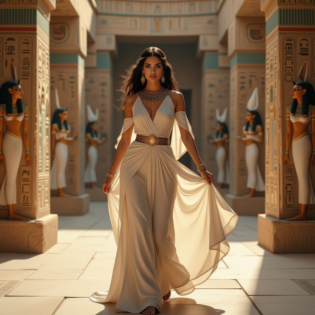 Egyptian Woman in Sheer Tunic at Isis Temple
