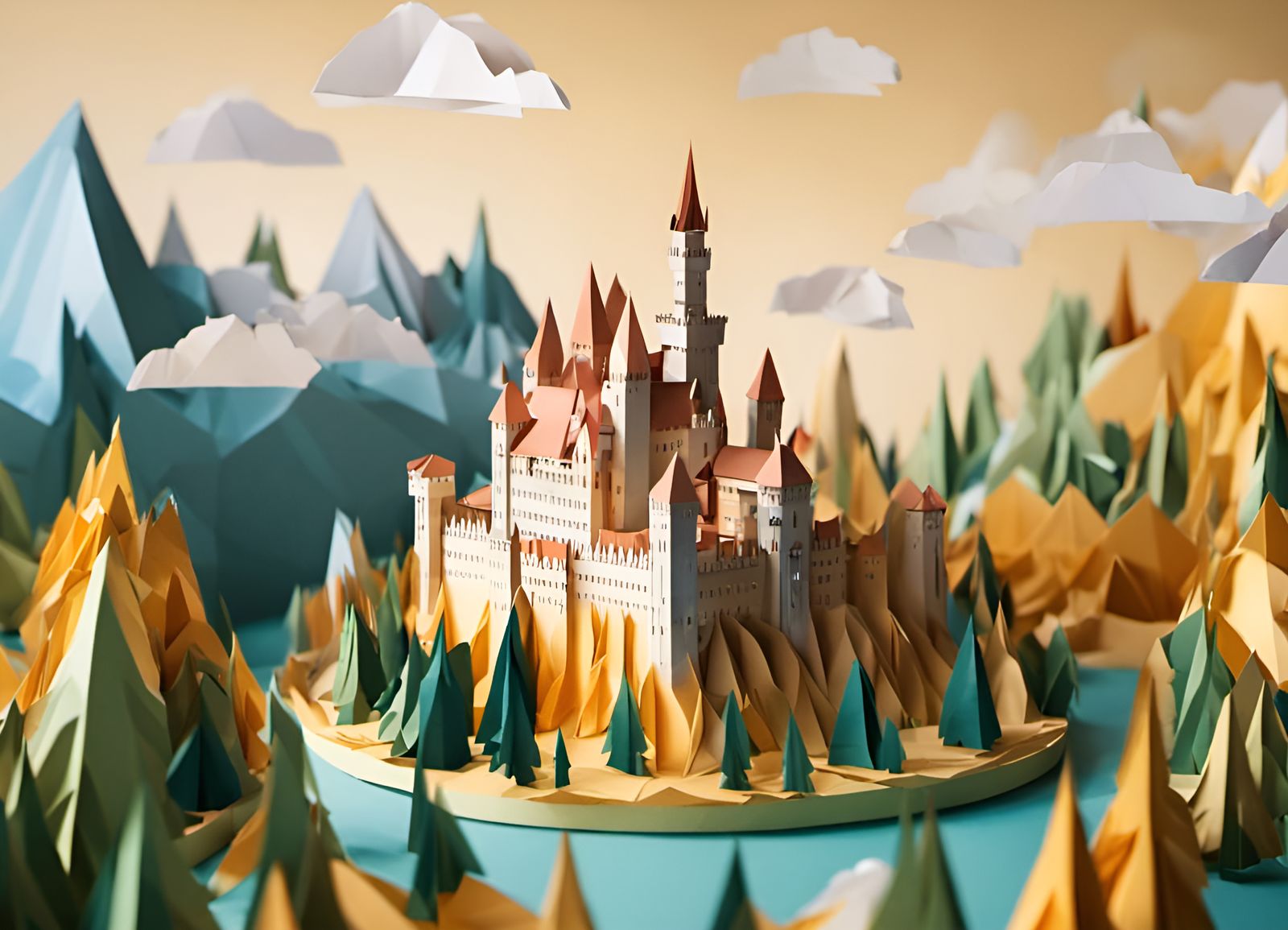 Origami Castle Neuschwanstein in Paper Landscape