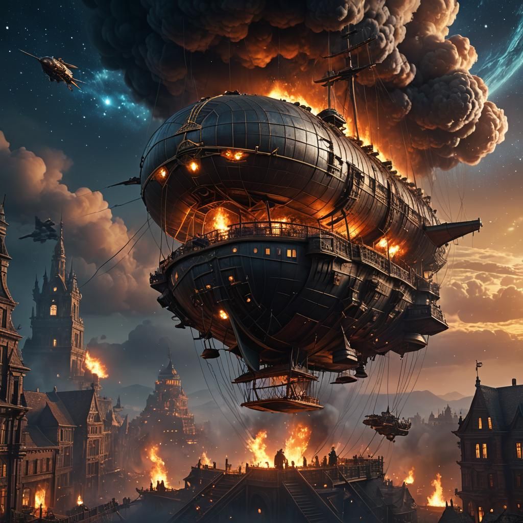 Burning Airship Over Fantasy Nightscape