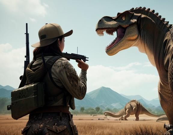 Woman Hunts Dinosaurs in Cinematic Film Still