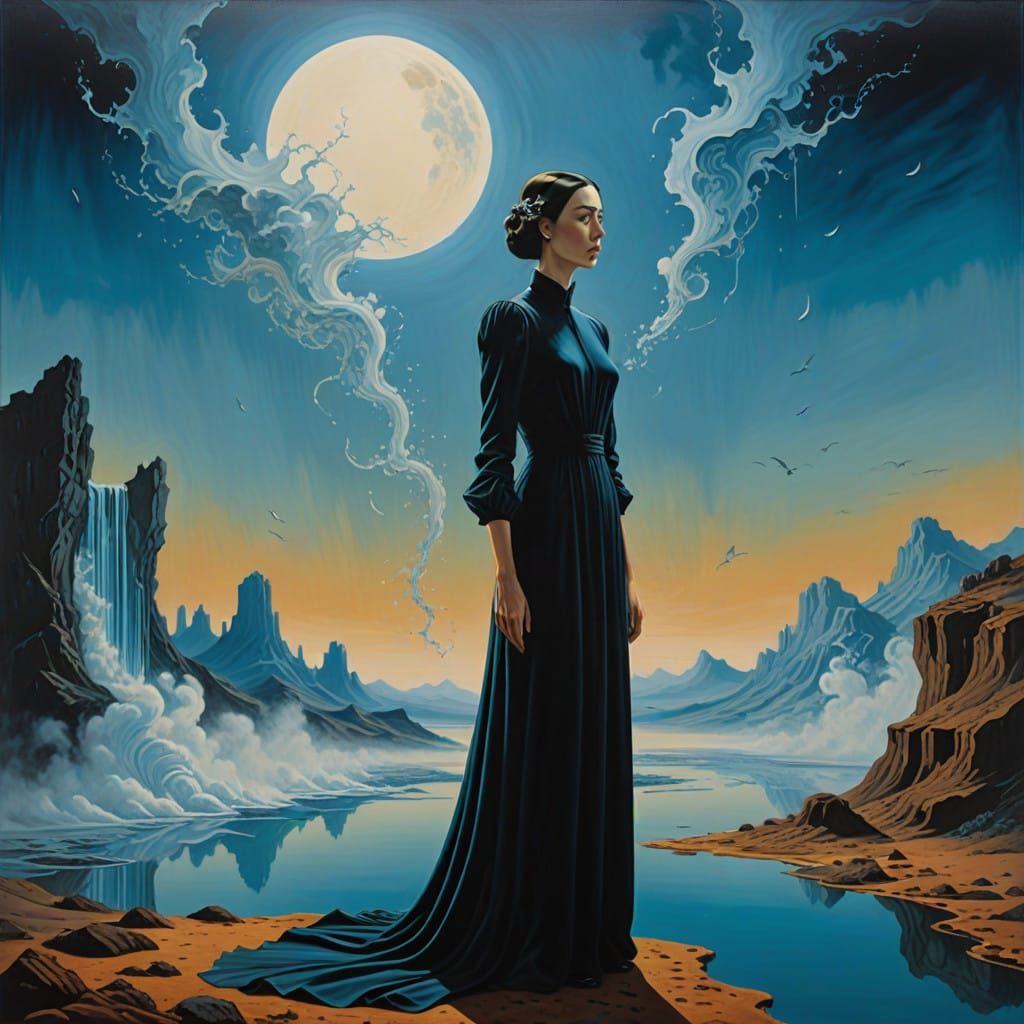 Surrealist Woman Dissolves into Fluid Dreamscape