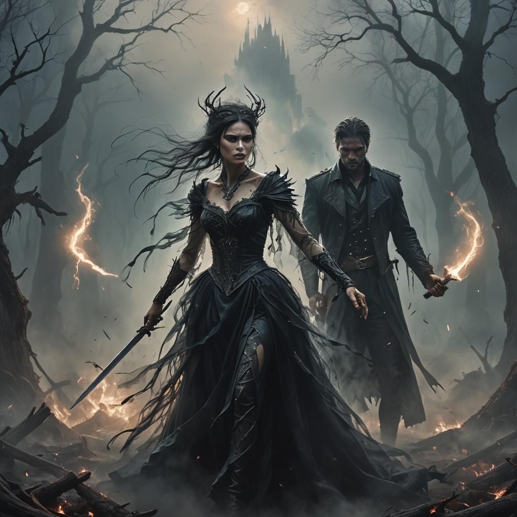 Dark Fantasy: Evil Woman and Battle-Weary Hero