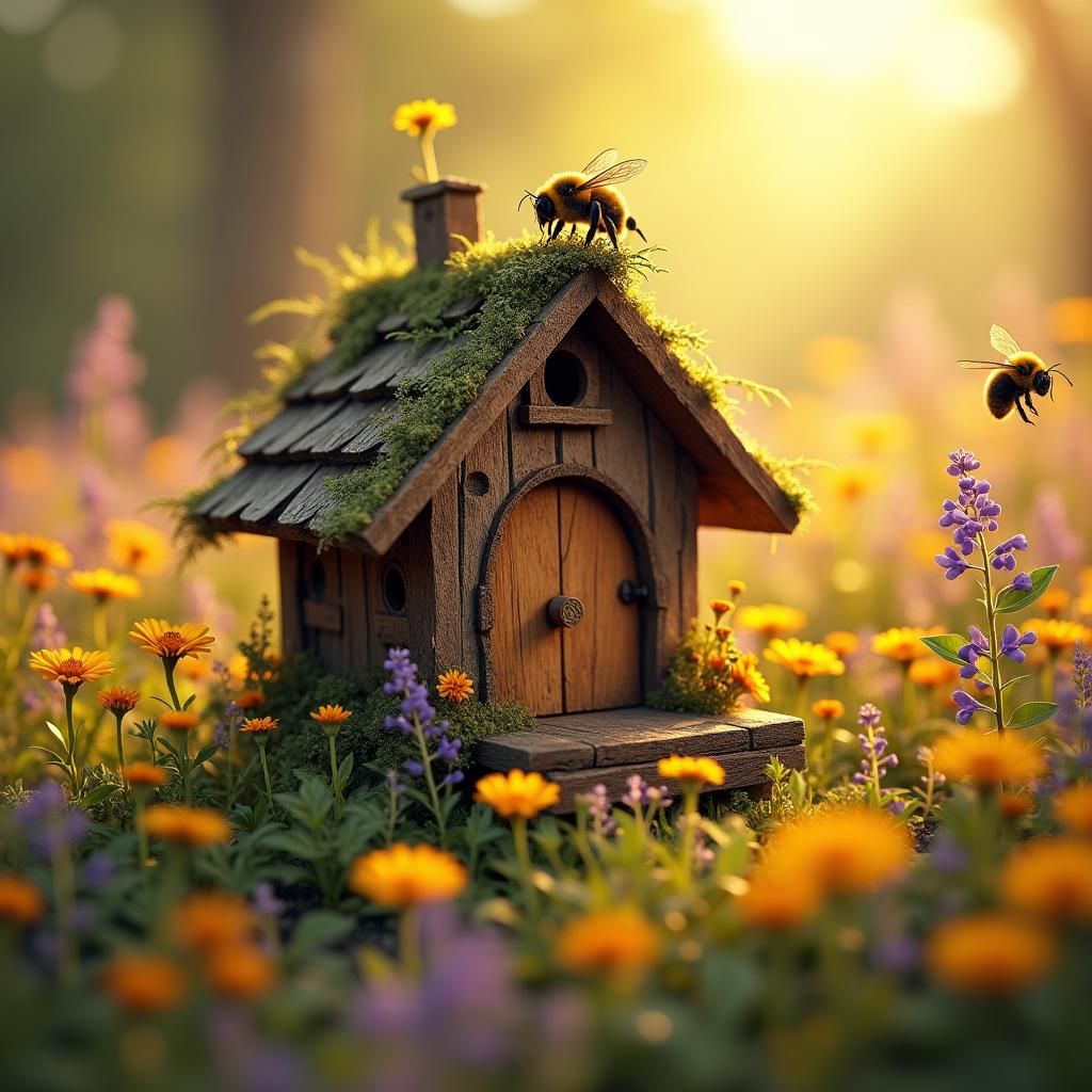 Rustic Bee House in Lush Garden, as Digital Art
