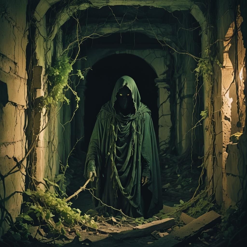 Dystopian Ruins with Shadow Figure in Surreal Style