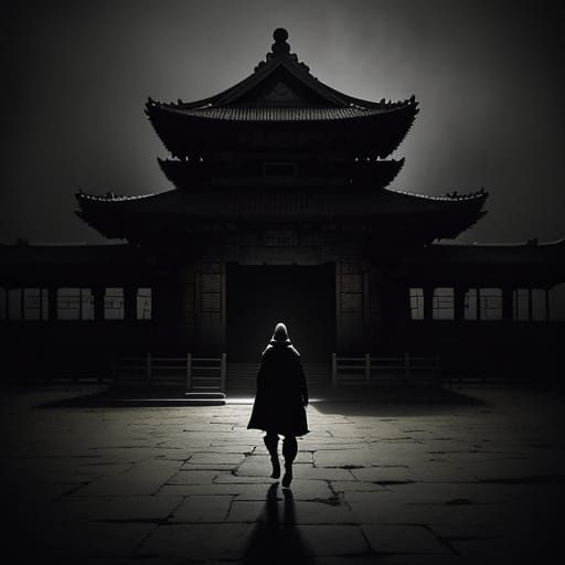 Moody Ninja in Temple Shadows: Cinematic Oil Painting
