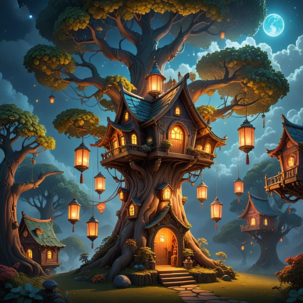 Surreal Whimsical Doghouse Afloat Among Clouds and Ancient T...