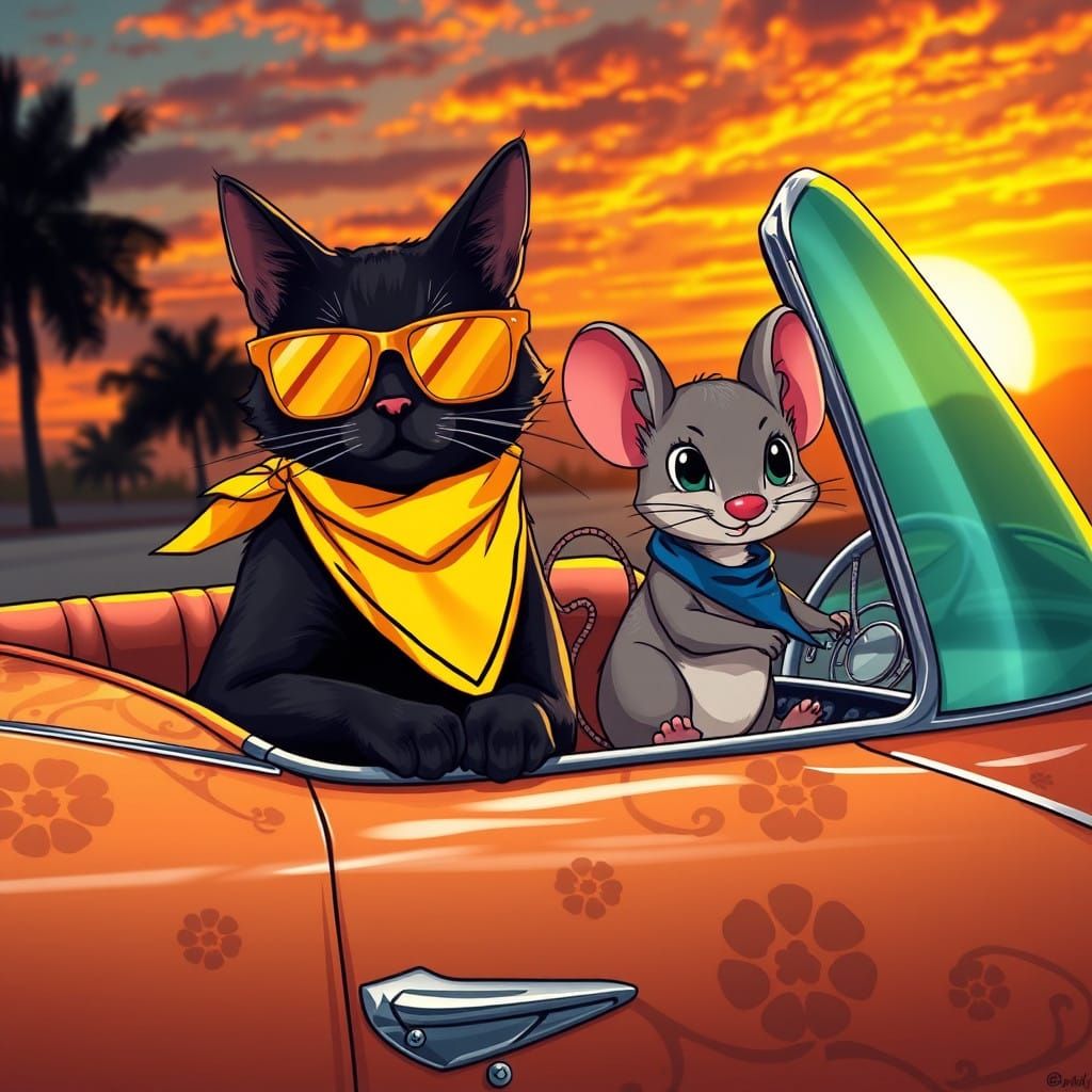 Whimsical Anime-Inspired Chevy Bel Air with Cat and Mouse Fr...