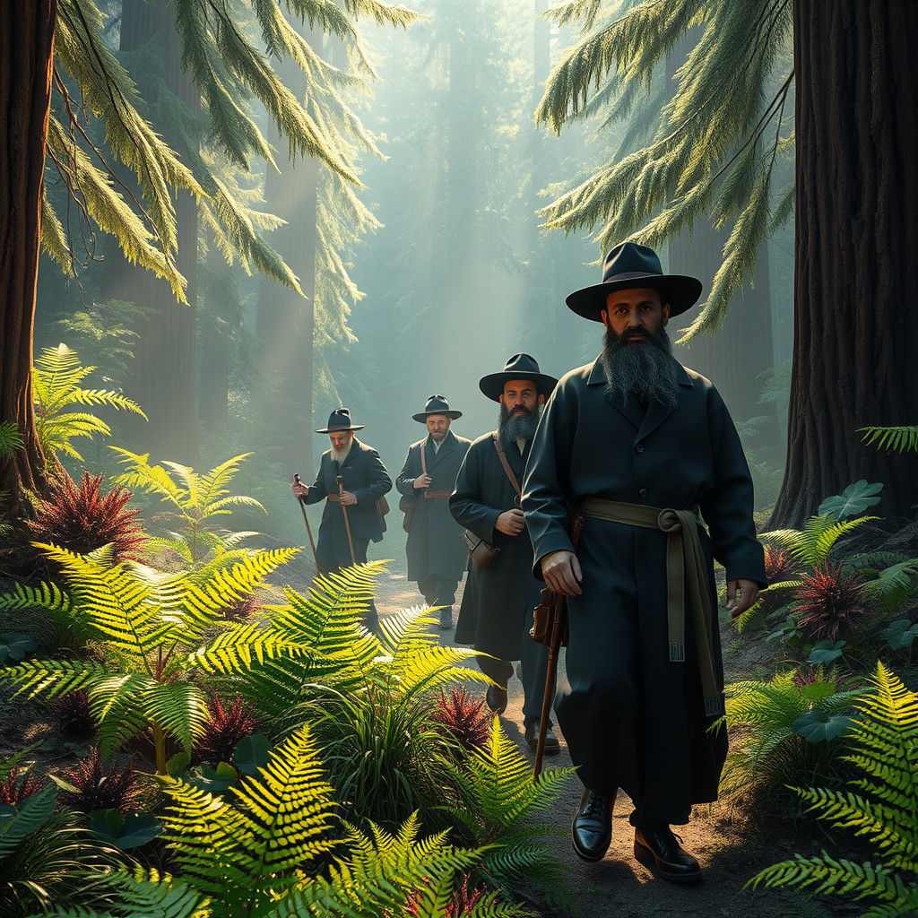 Hasidic Jews Explore Redwood Forest in Fantasy Art Style