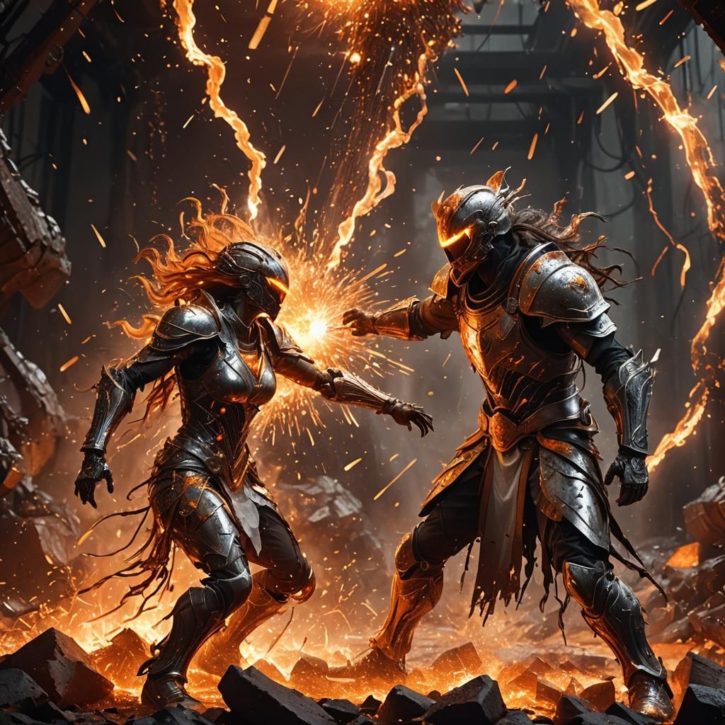 Fiery Lovers' Battle in Molten Metal and Sparks