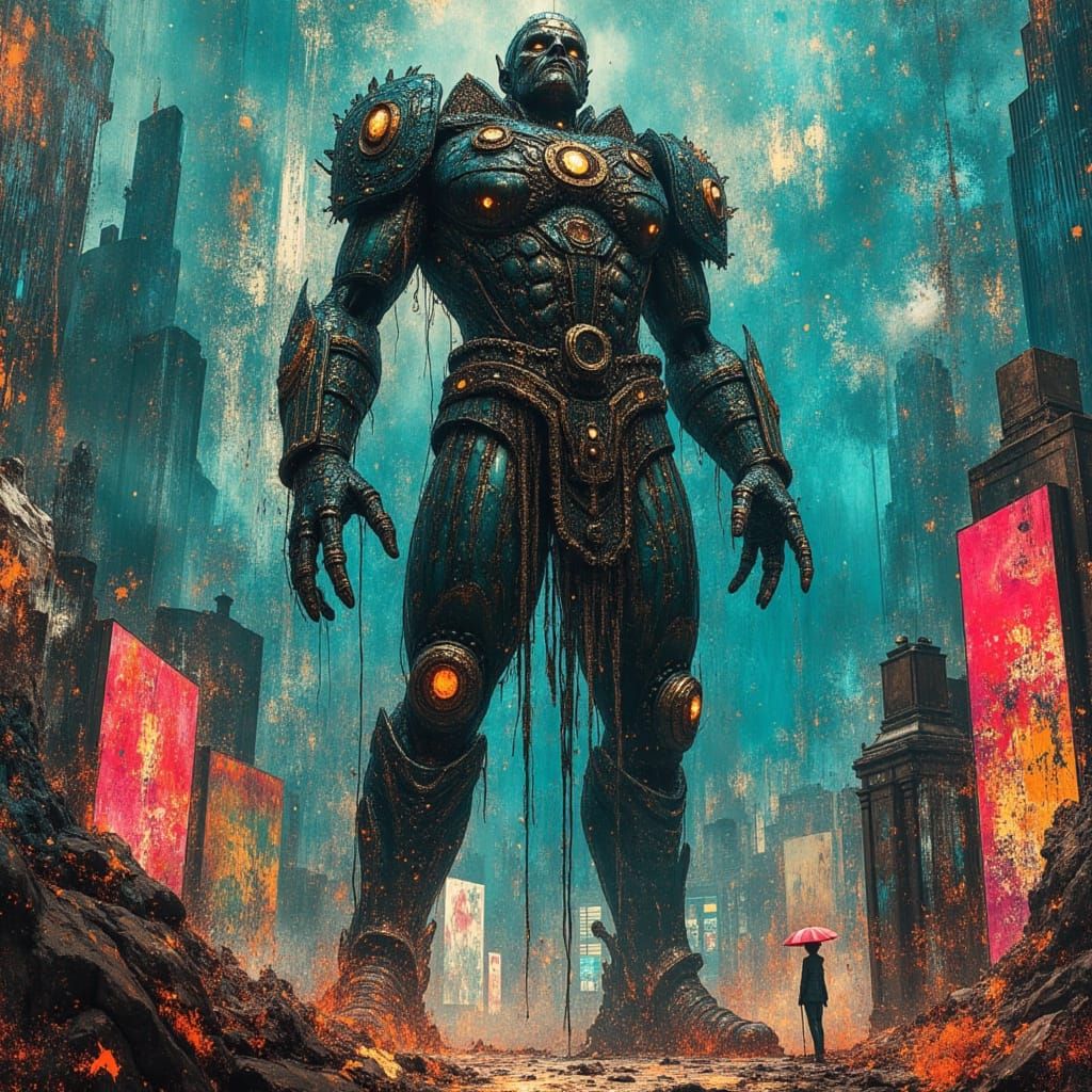 Giant African Automaton Guards Neon Afro-Futuristic City