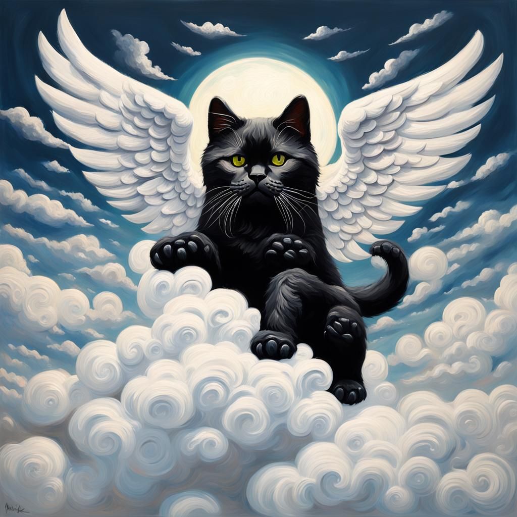 Maneki Neko with Angel Wings Impasto Painting