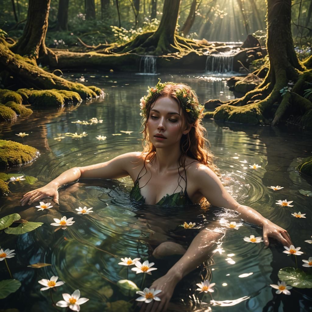 Forest Nymph Bathes in Fantasy Pool, Hyperrealistic