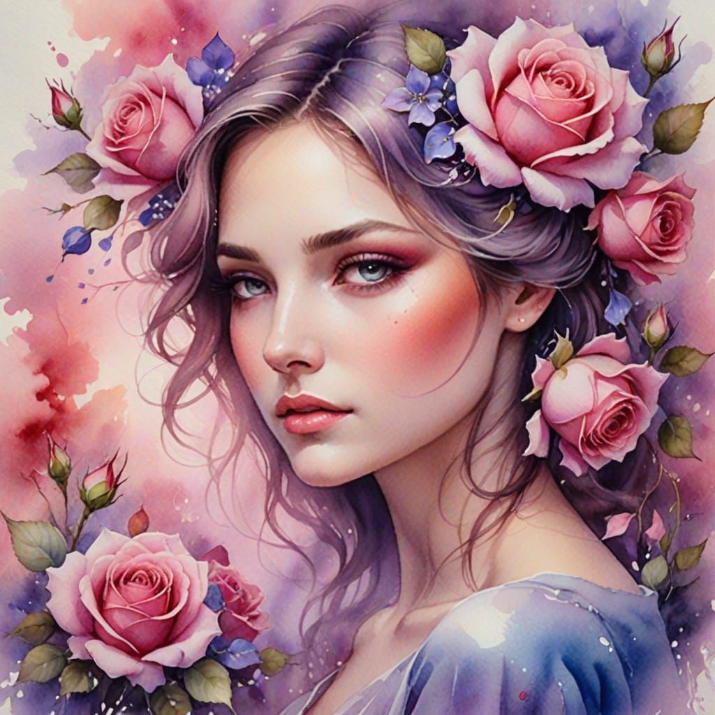 Ethereal Watercolor Portrait of Roses and Violets