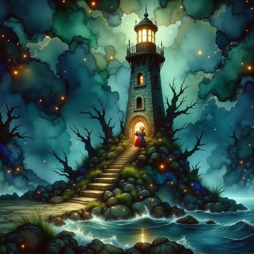 Sinister Clown Ascends Lighthouse in Dreamlike Art Style