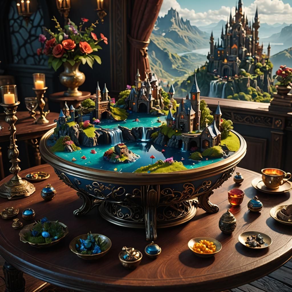 Miniature Fantasy World on Ornate Tabletop