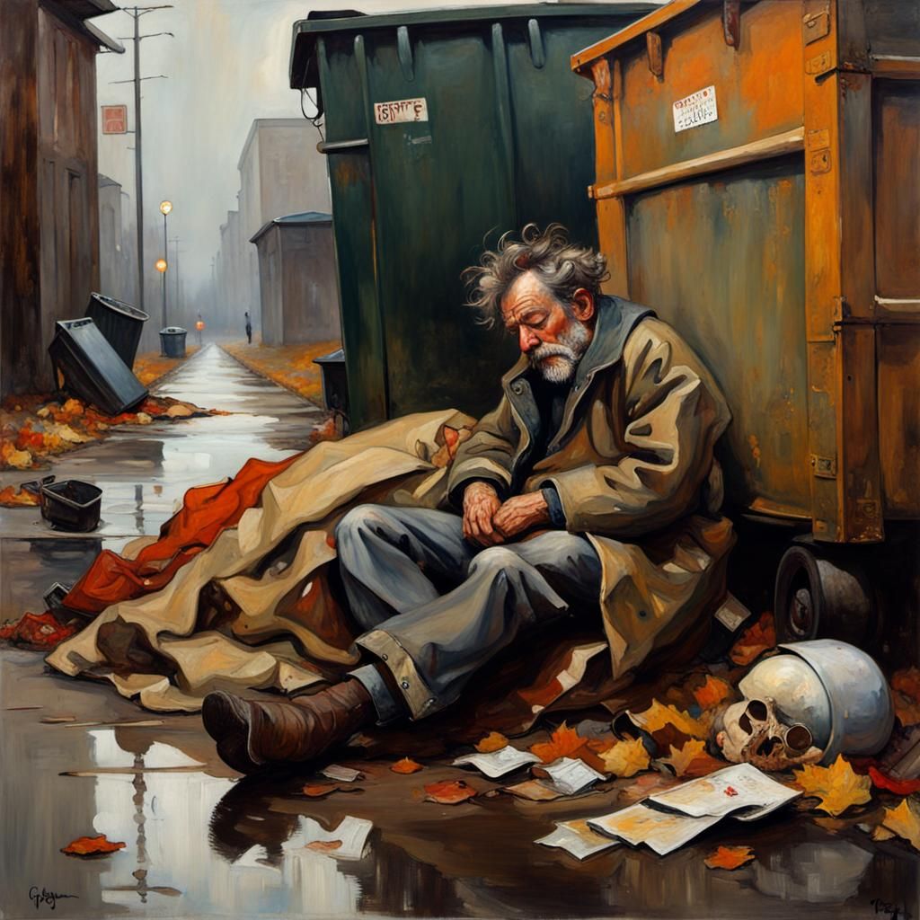 Gloomy Autumn Evening: Hobo in Oil Painting