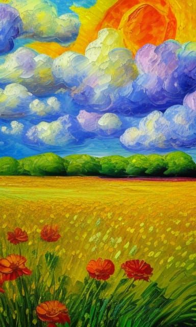 Impressionistic Flowers Field Under Cloudy Sky
